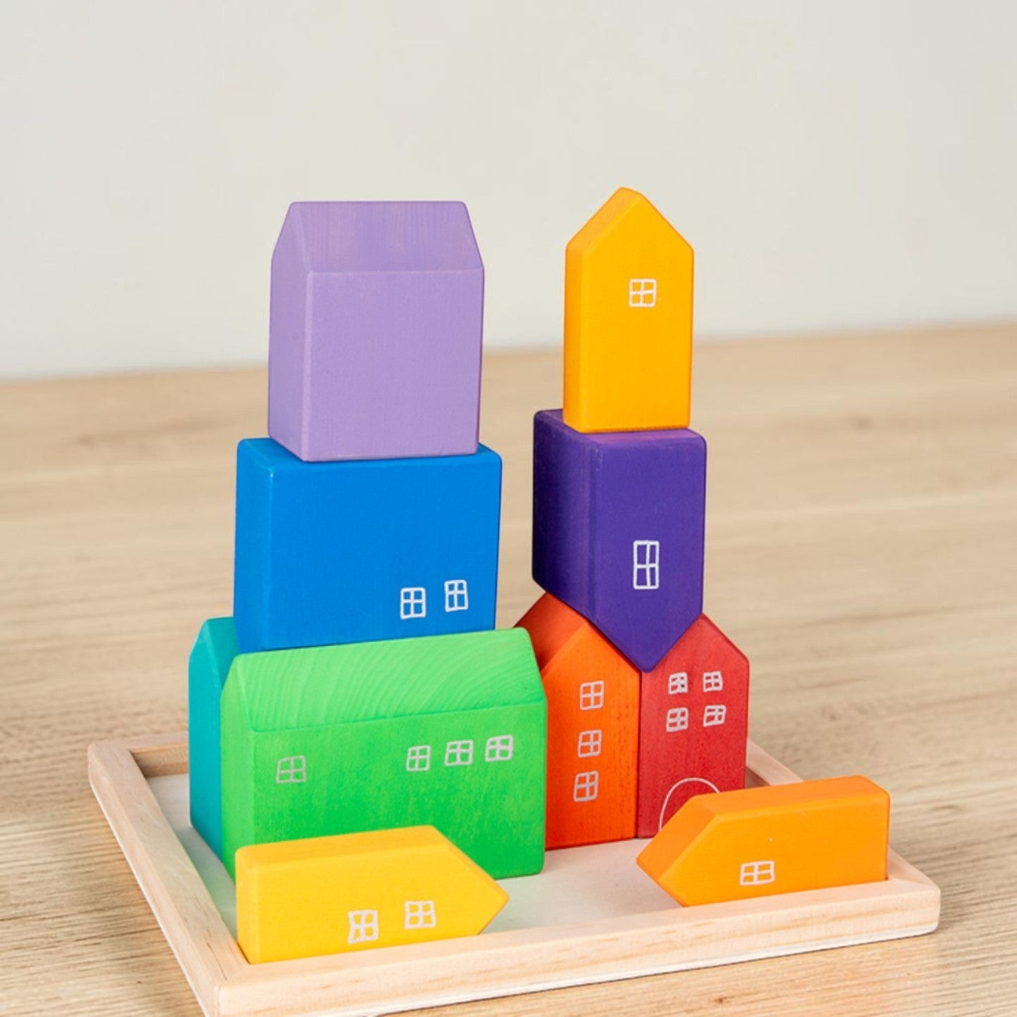15-Piece Stained Little Village Wooden House Building Blocks Se