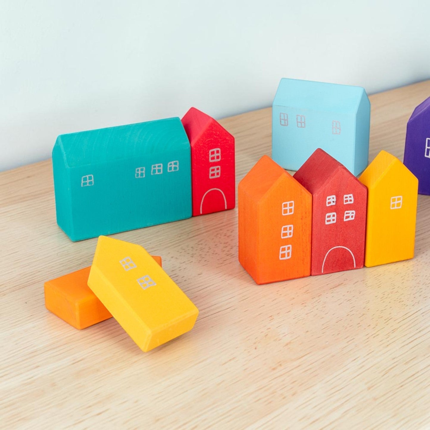 15-Piece Stained Little Village Wooden House Building Blocks Se