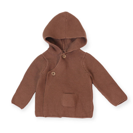 Brown knitted hoodie with buttons on a white background