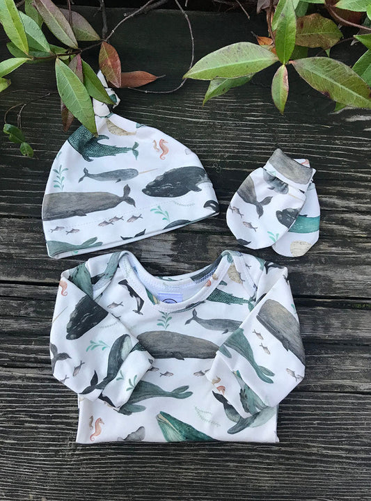 Watercolor Whale Long Sleeve Onesie, hat and mitts