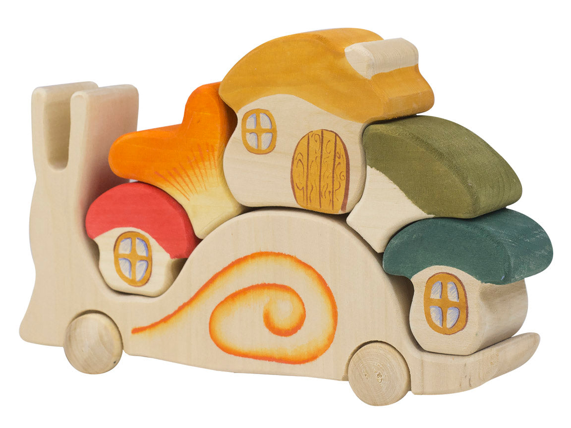 Wooden toy with colorful houses stacked on top of each other