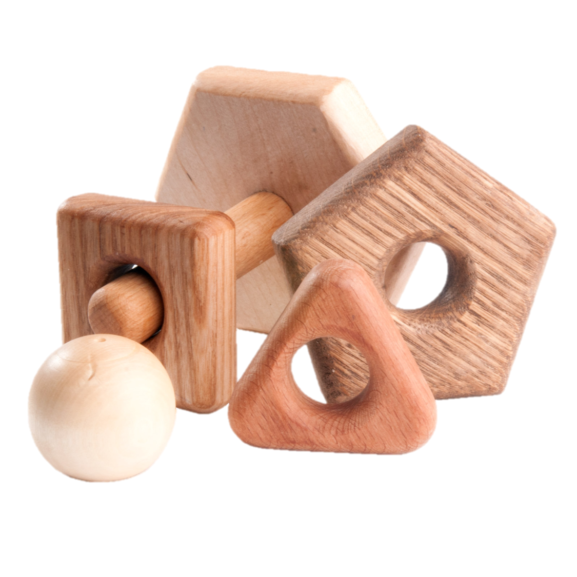Set of wooden geometric shapes on a white background