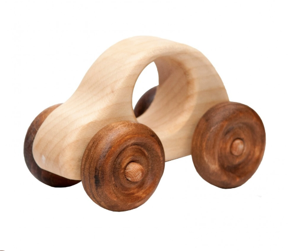 Wooden toy car with a plain white background