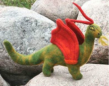 Load image into Gallery viewer, green felt dragon on a rock

