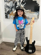 Load image into Gallery viewer, Child wearing Wu-Tang Clan blue organic short sleeve tee and holding an electric guitar
