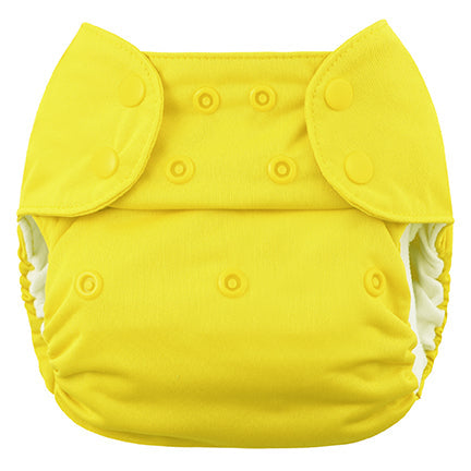 Yellow baby diaper with white trim on a white background
