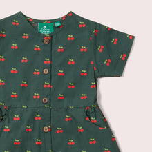 Load image into Gallery viewer, Cherries Buttons Short Sleeve Dress in Olive buttons detail
