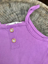 Load image into Gallery viewer, Organic purple summer romper detail
