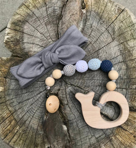 Slate Head Wrap and Whale Pacifier Clip Set