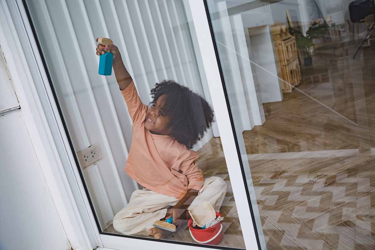 Child sitting on the floor playing with cleaning set by PlanToys