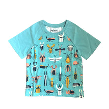 Load image into Gallery viewer, A teal, short-sleeve t-shirt with a colorful beetle print.
