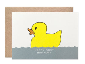 Happy first birthday card with duck