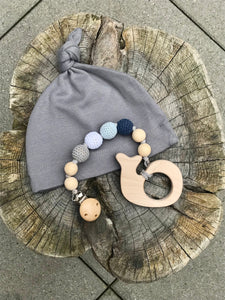 Slate baby knot hat with whale pacifier clip