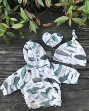 Load image into Gallery viewer, Watercolor Whales Baby Hoodie, hat and mitts
