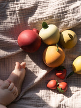Load image into Gallery viewer, Mini wooden fruit set on blanket with baby feet
