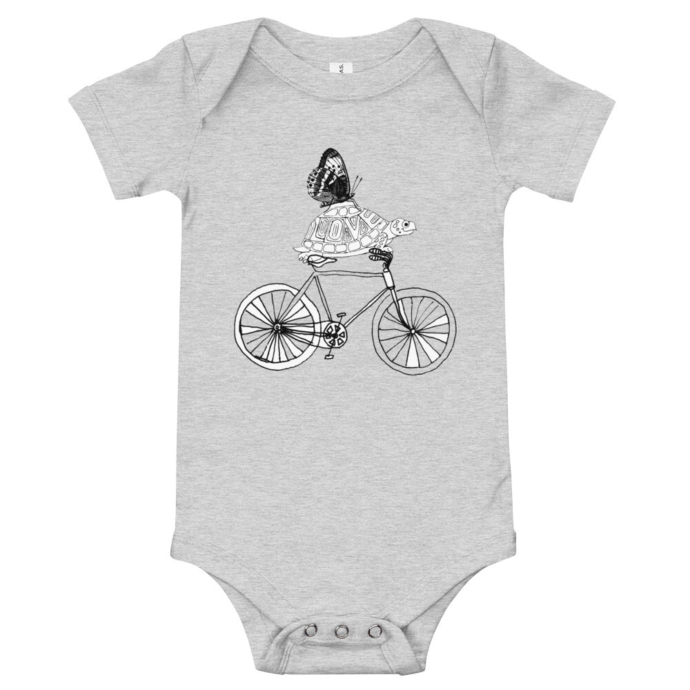 Baby short sleeve one piece Love Turtle on a Bike with a Butterfly