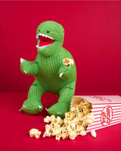 Load image into Gallery viewer, green t-rex knitted plush toy with popcorn

