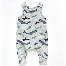 Load image into Gallery viewer, Whales organic baby romper flat lay
