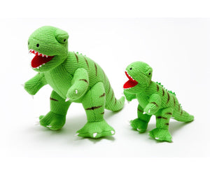 two Green Knitted T Rex dinos