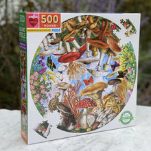 Load image into Gallery viewer, Mushroom and Butterflies 500 Puzzle in a box on a table outside
