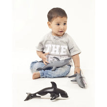 Load image into Gallery viewer, Child sitting with a white background and  a Natural Rubber Orca in front of them
