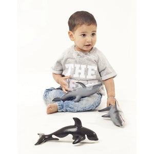 Child sitting with a white background and  a Natural Rubber Orca in front of them