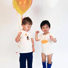 Load image into Gallery viewer, two children standing holding balloons wearing Sasquatch and balloons and Seattle umbrella tee
