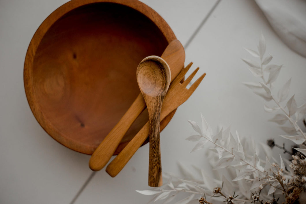 Wooden toddler bowl with wooden utensils