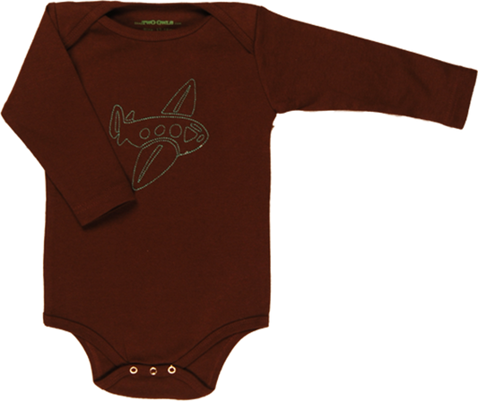 TwOOwls Brown/Blue Airplane Long Sleeve Romper -100% organic cotton