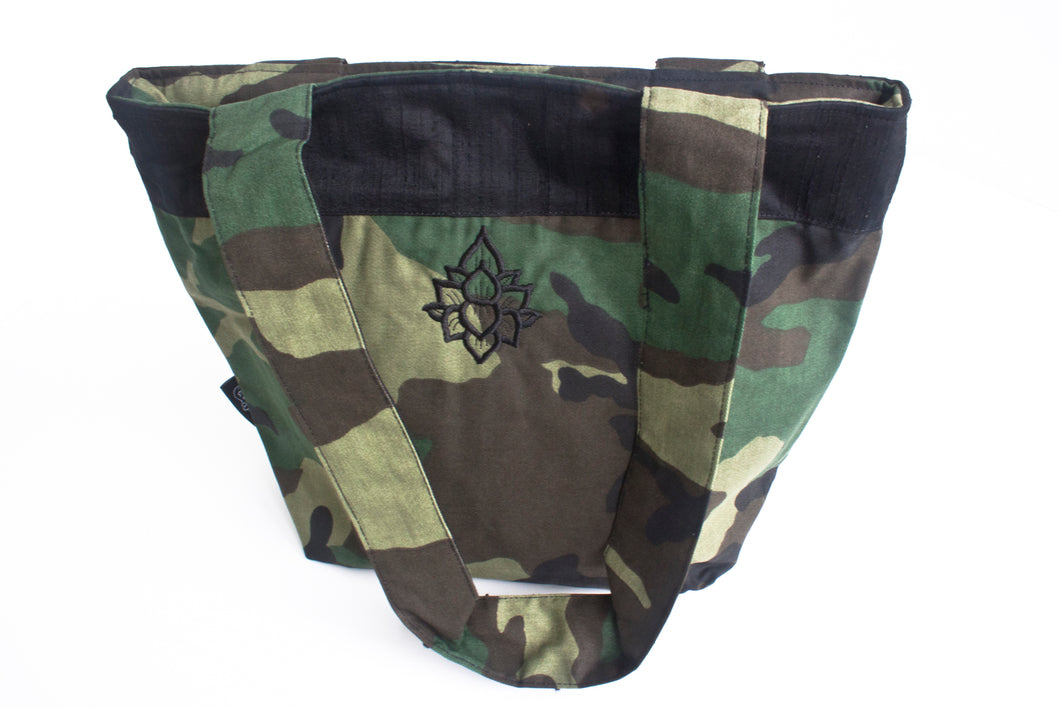 TwOOwls Green camo medium bag with black silk and lotus-One size-Made in the USA