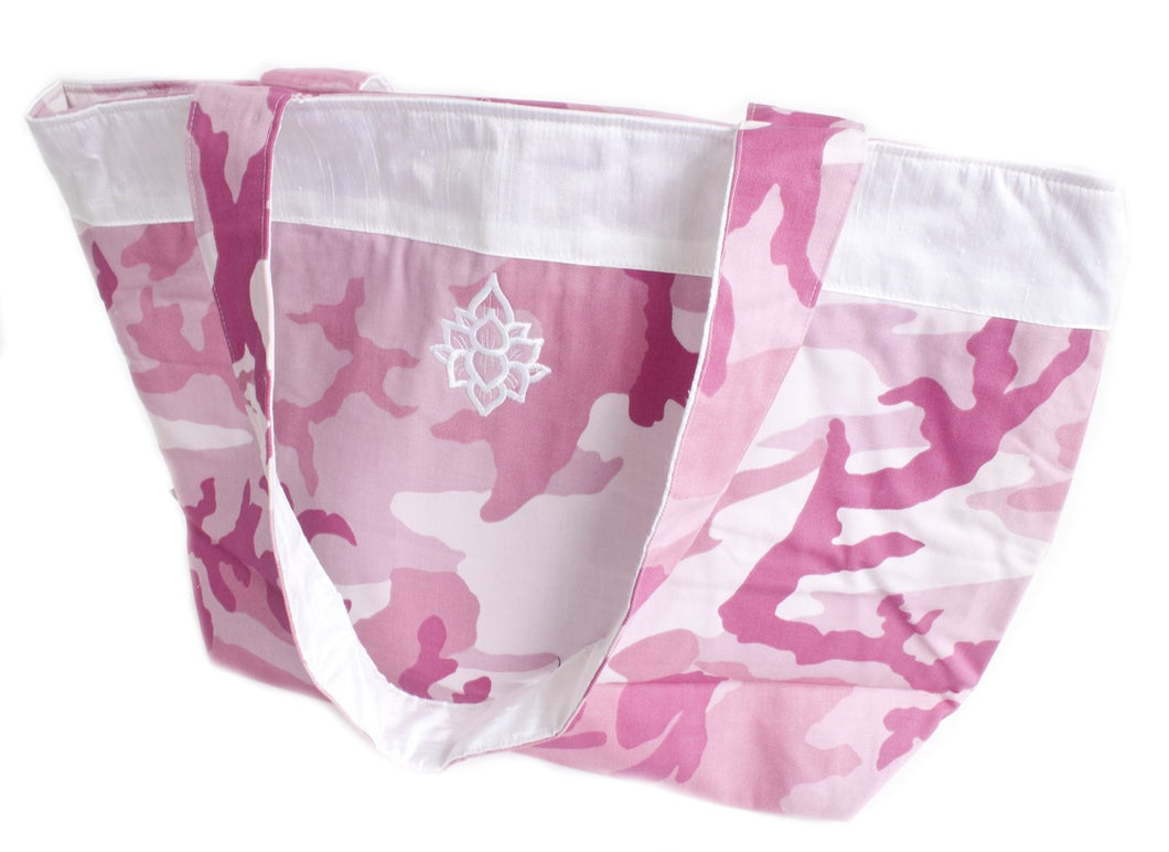 TwOOwls Pink camo Large bag with white silk and lotus-One size-Made in the USA