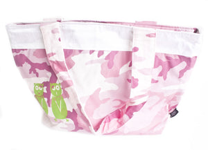 TwOOwls Pink camo Large bag with white silk and green owls-One size-Made in the USA