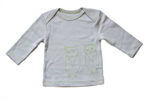 TwOOwls Grey/Green Two Owls Long Sleeve Tee -100% organic cotton