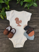 Load image into Gallery viewer, Squirrel onesie, cork booties, and acorn teether gift set
