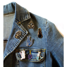 Load image into Gallery viewer, Enamel pins by Bee&#39;s Knees on a jean jacket
