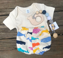 Load image into Gallery viewer, Whale bloomers + Organic Short Sleeve Onesie in Natural + Whale Teether with Blue Crochet Pacifier Clip
