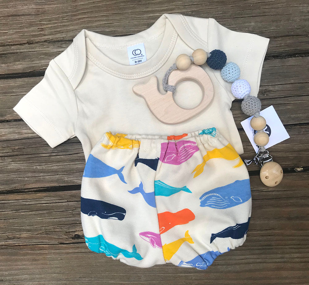 Whale bloomers + Organic Short Sleeve Onesie in Natural + Whale Teether with Blue Crochet Pacifier Clip