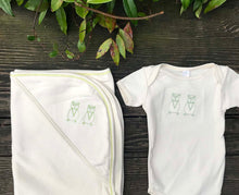 Load image into Gallery viewer, Two Green Owls Onesie and Baby Blanket Gift Set
