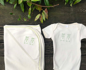Two Green Owls Onesie and Baby Blanket Gift Set