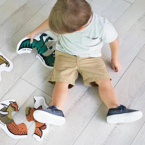 Child playing with beginner puzzles dinosaurs